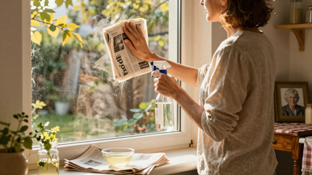Person cleaning a window with a spray bottle and newspaper in a sunlit room.