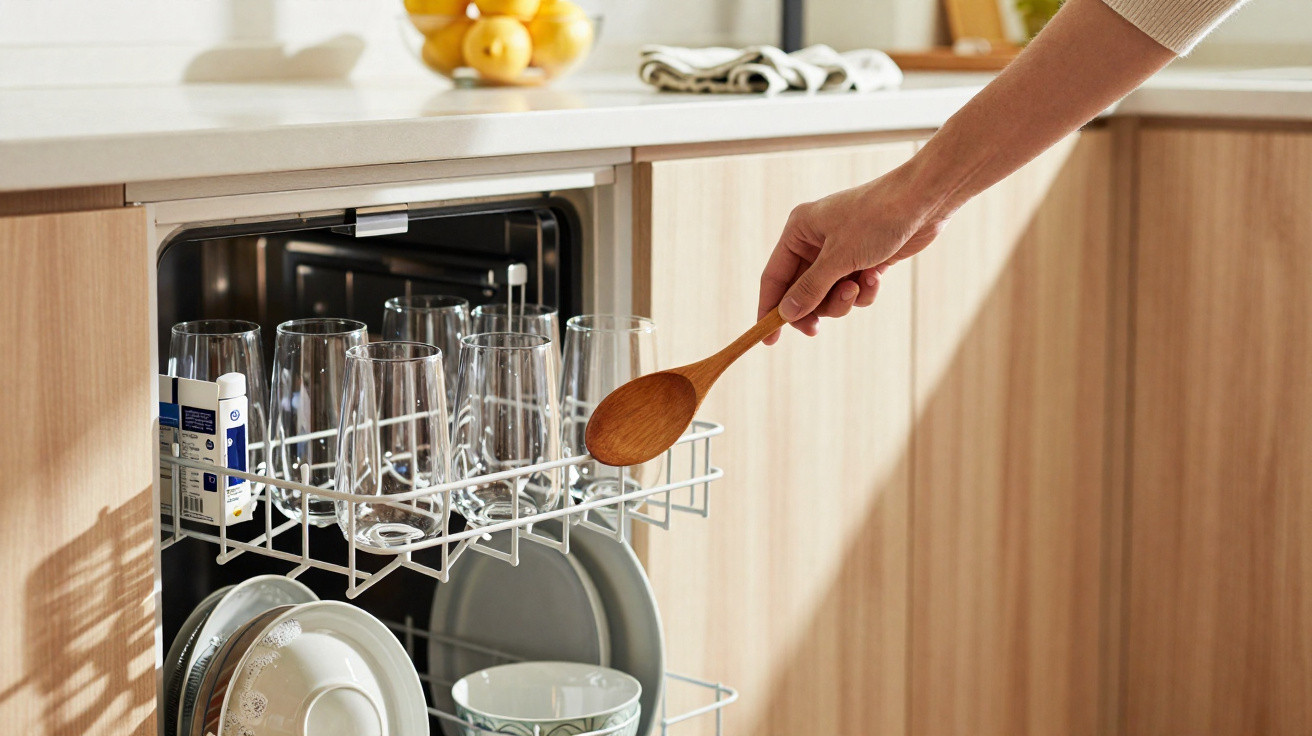 Hand holding wooden spoon placing it into dishwasher loaded with glasses, plates and bowls in kitchen.