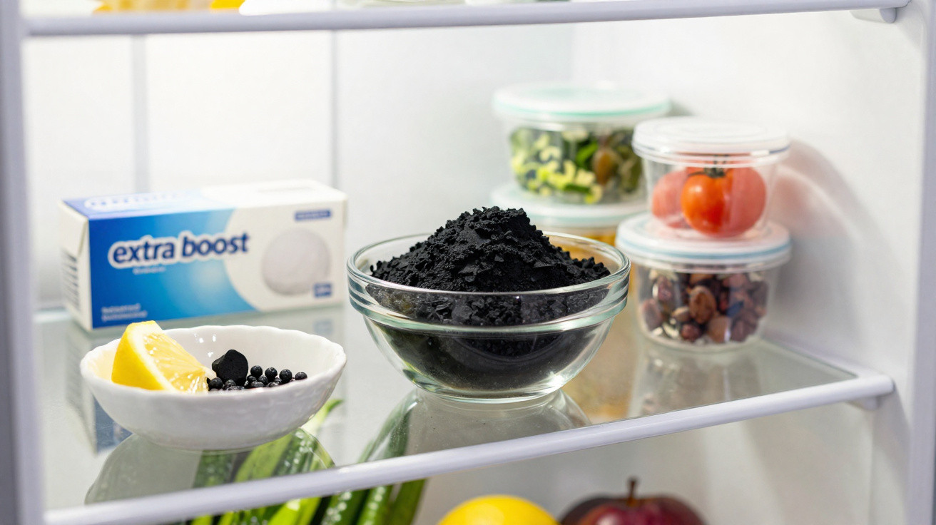 Glass bowl of black powder, small dish with lemon and black capsules, and a box labelled extra boost inside a fridge.