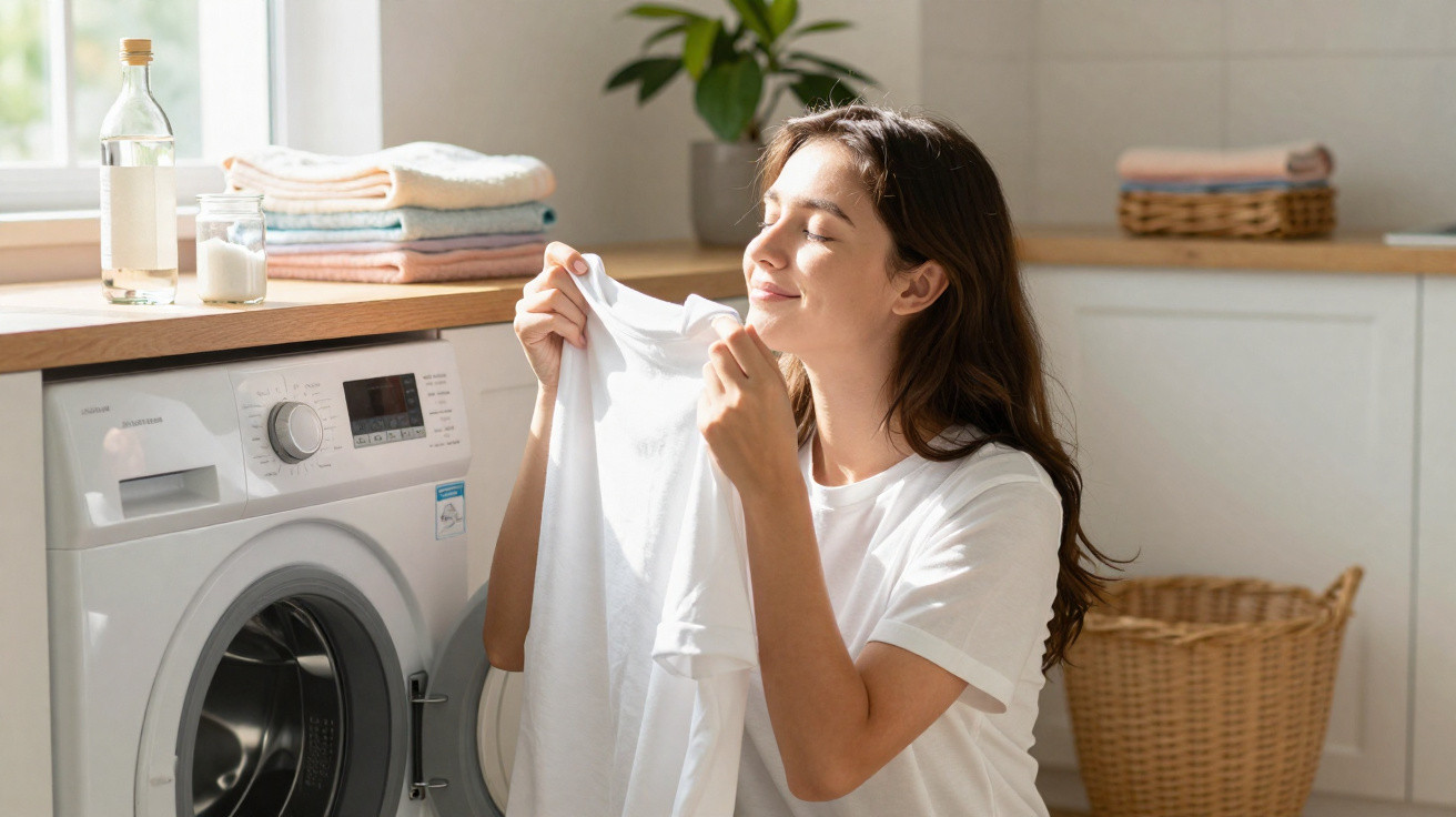 Woman smelling a freshly washed white shirt next to a washing machine in a bright laundry room