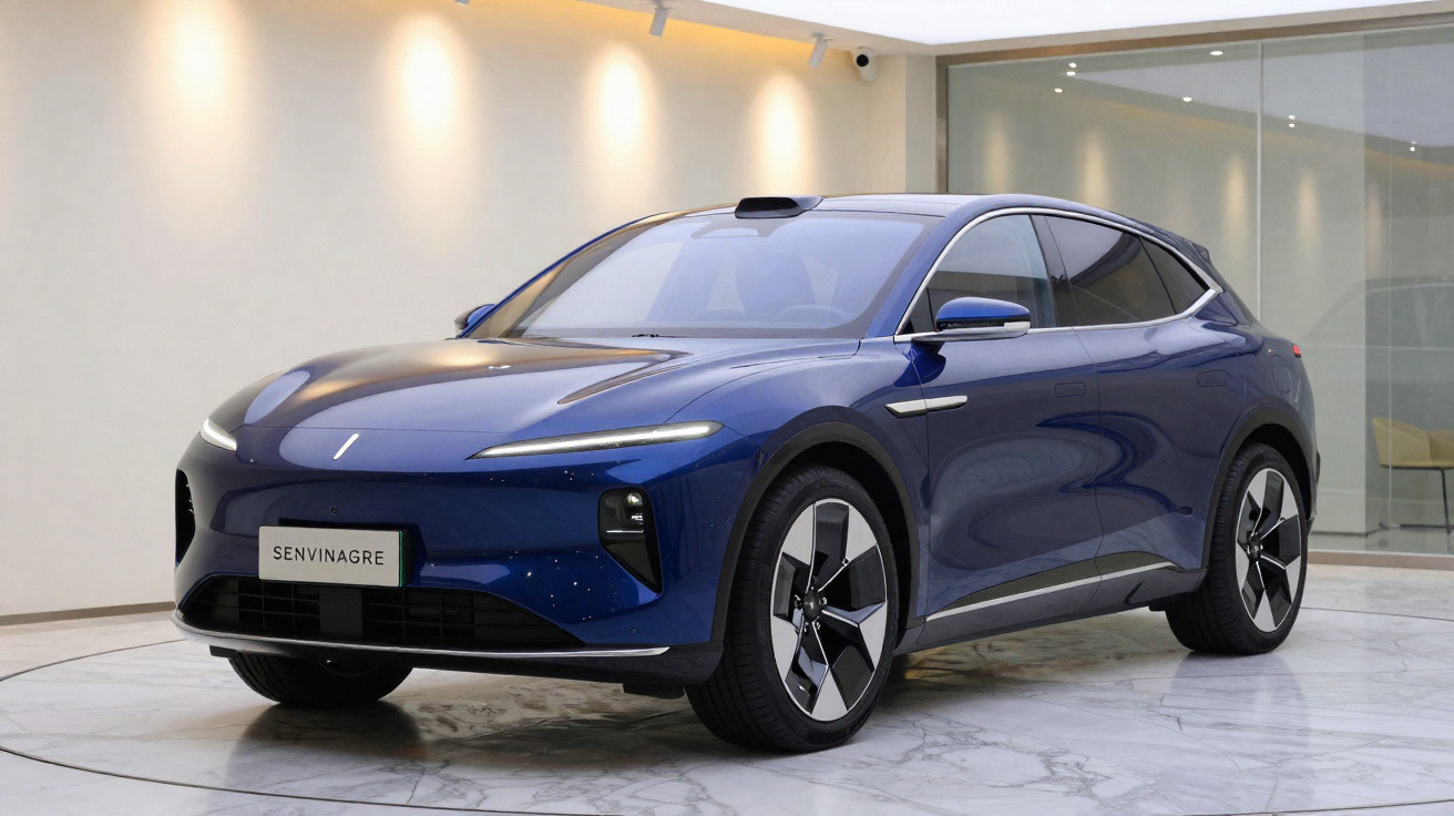 Sleek blue electric SUV displayed indoors with modern LED headlights and aerodynamic design.