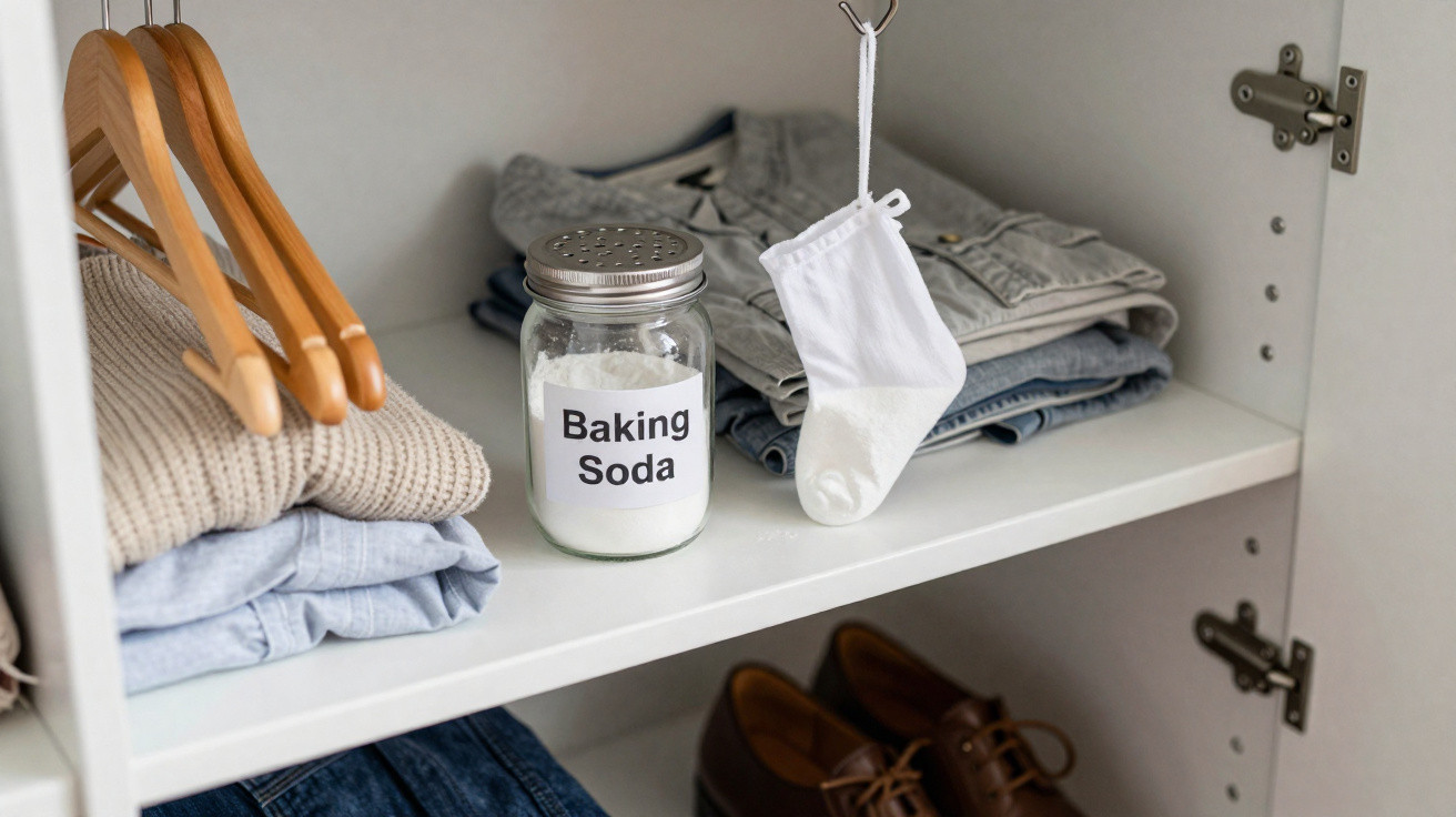 Shelf in wardrobe with folded clothes, wooden hangers, baking soda jar, hanging sachet, and brown shoes below.
