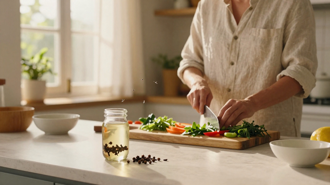 Person chopping fresh vegetables on a wooden board in a bright kitchen with jars and bowls on the counter.