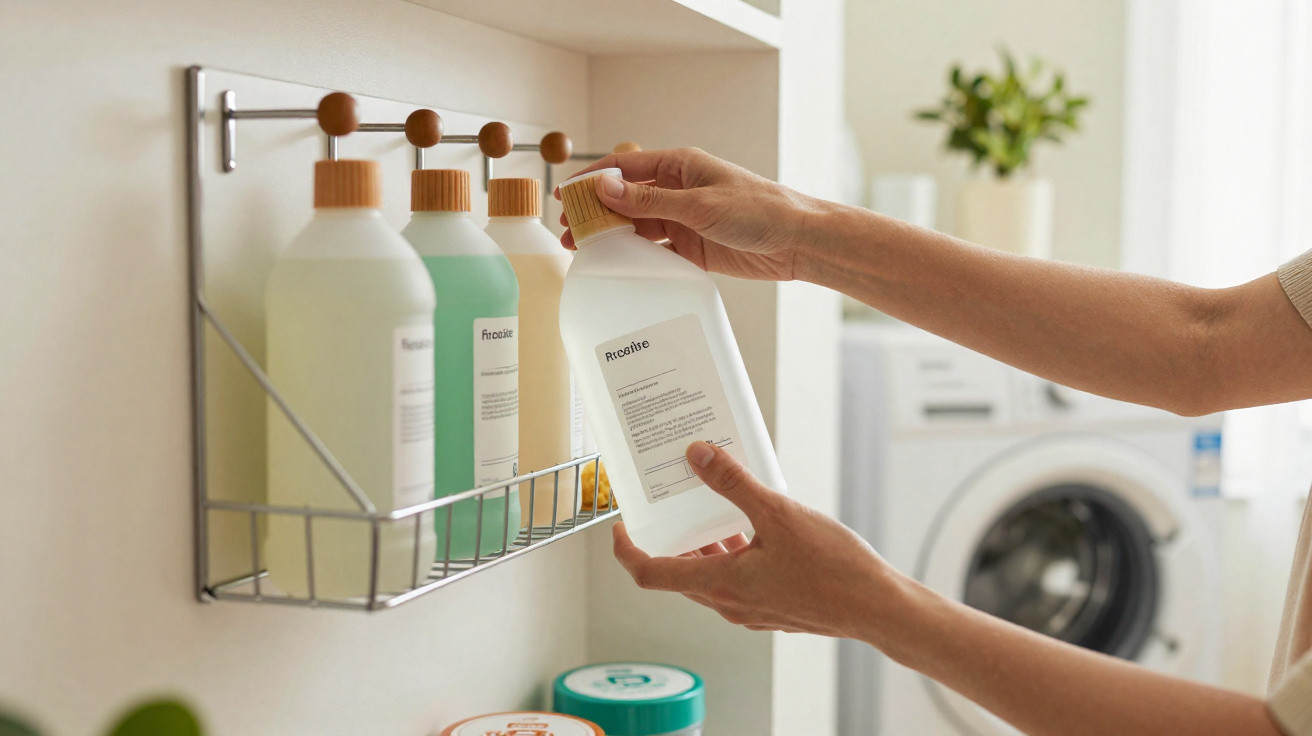 Person’s hands holding a plastic bottle from a rack with other bottles in a bright laundry room.