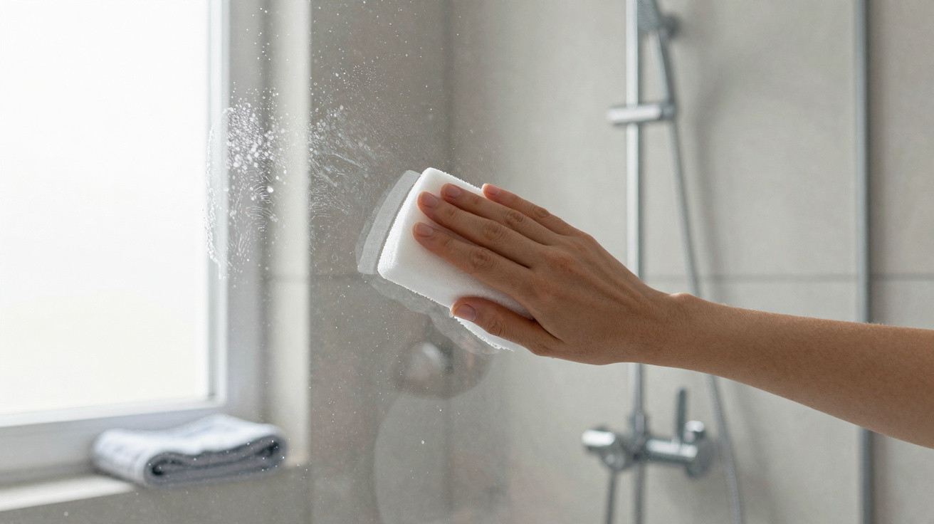 Hand with sponge cleaning a glass shower door in a bathroom with grey tiles and a window.