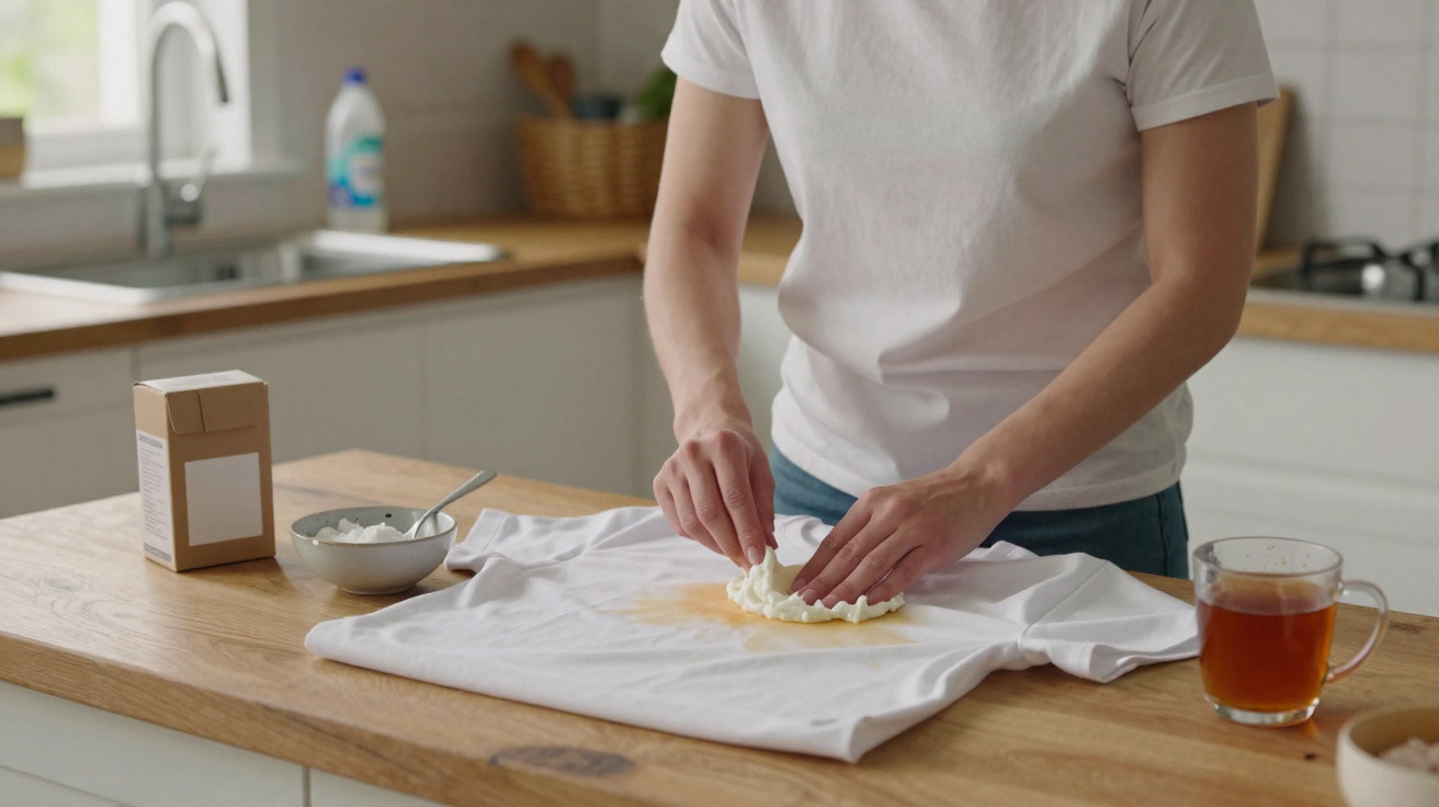 Person applying a cleaning paste on a stained white t-shirt laid on a wooden kitchen counter.