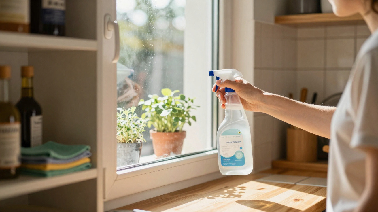 Person cleaning a kitchen window with a spray bottle beside potted plants and folded towels.