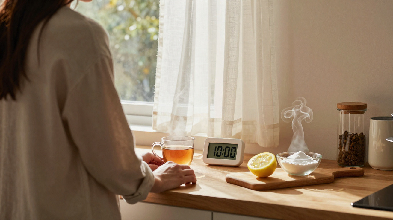 Person holding a glass cup of tea next to a digital clock, steaming bowl of powder, and half a lemon on a wooden counter.