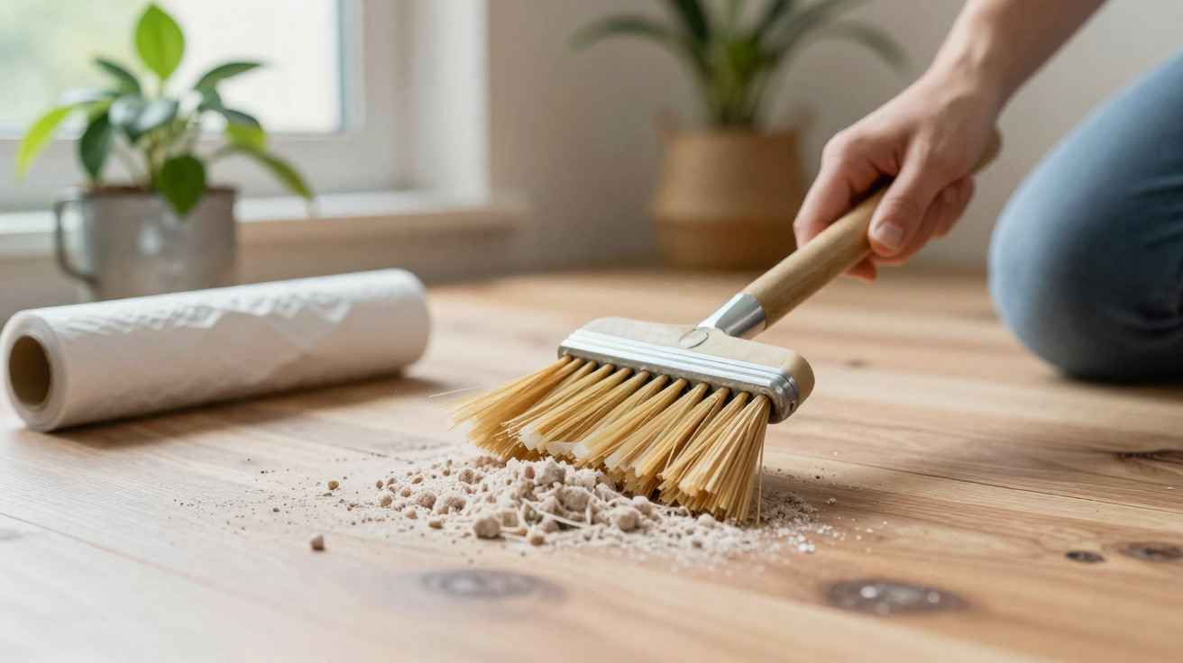 Hand sweeping dirt and dust off a wooden floor with a small brush and dustpan indoors.