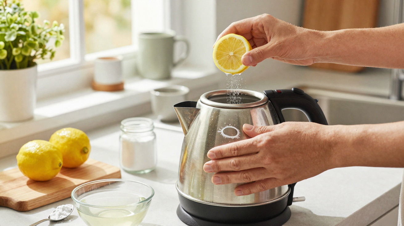 Hands squeezing lemon juice into a stainless steel electric kettle on a kitchen counter.