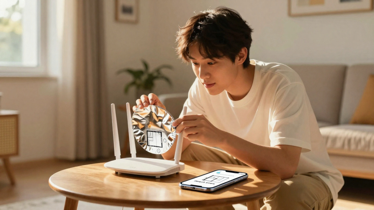 Young man setting up a white Wi-Fi router with a smartphone on a wooden table in a sunlit living room.