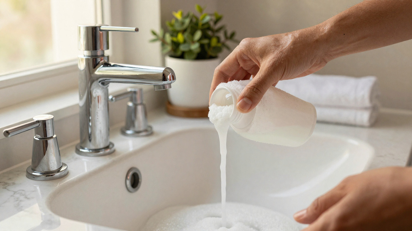 Person pouring foaming bath salts into a bathroom sink filled with water, with towels and a plant nearby.