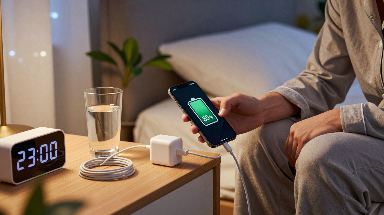 Person sitting on bed holding a smartphone charging at 80% next to a glass of water and a digital clock showing 23:00.