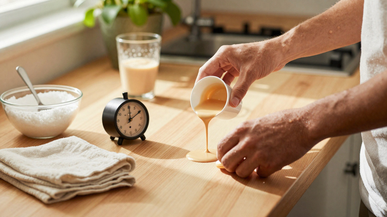 Person pouring batter onto wooden surface with timer, folded cloth, bowl, and glass in bright kitchen setting.