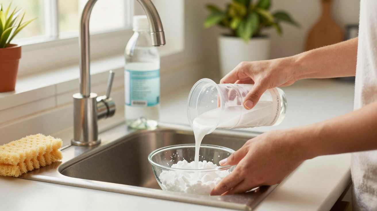 Person pouring liquid from a clear cup into a bowl of white powder on a kitchen countertop.