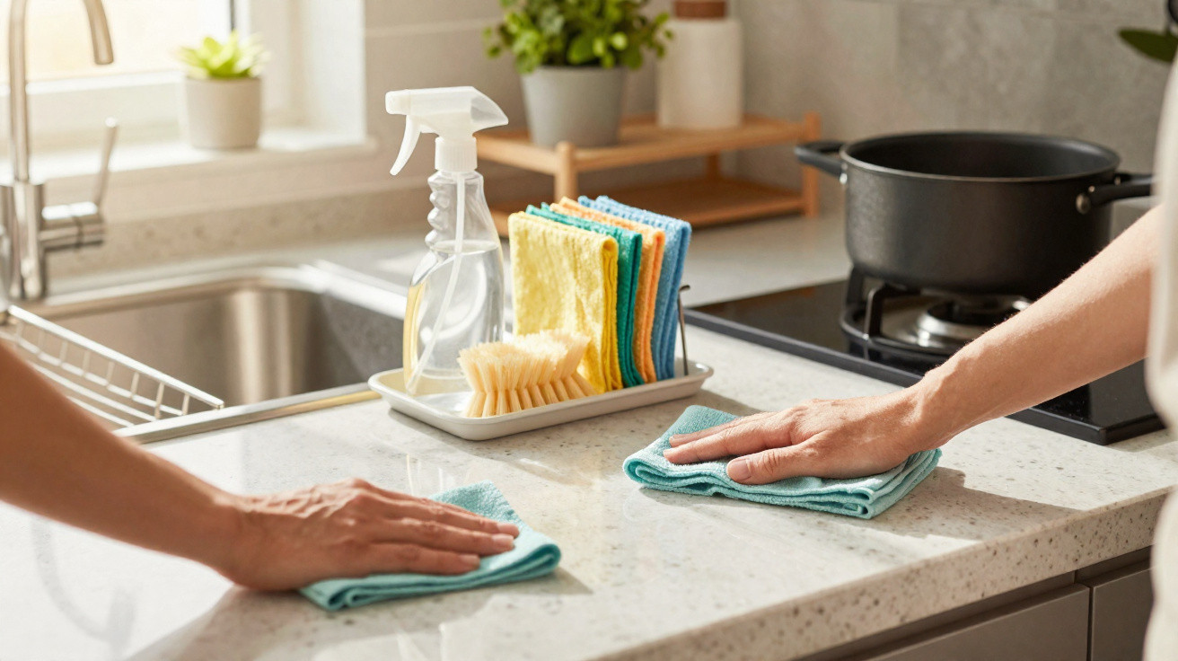 Two people cleaning a kitchen countertop with blue cloths and cleaning supplies beside the sink.