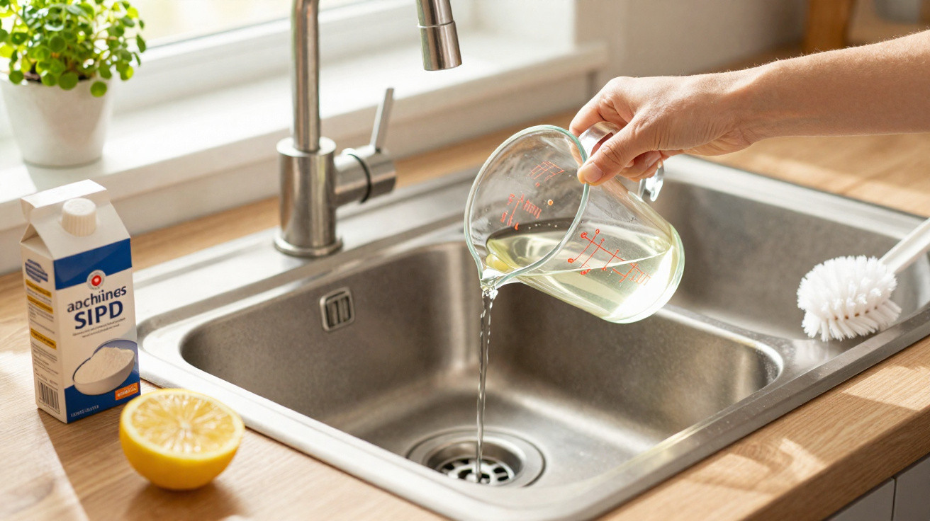 Hand pouring liquid from a measuring jug into a kitchen sink with lemon, baking soda, and brush nearby.