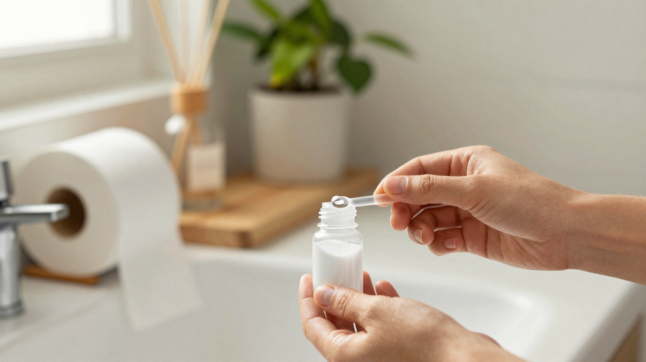 Hands holding a small bottle and dropper with a clear liquid over a bathroom sink with a toilet roll in the background.