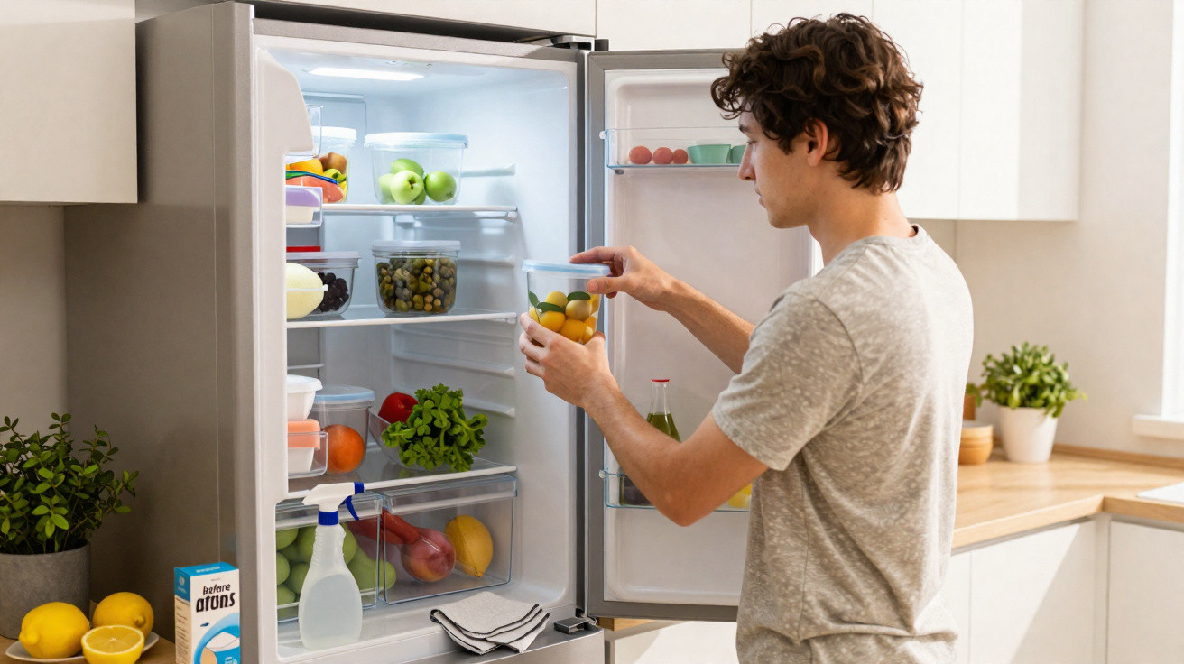 Young man taking container of fruit from open fridge in modern kitchen.