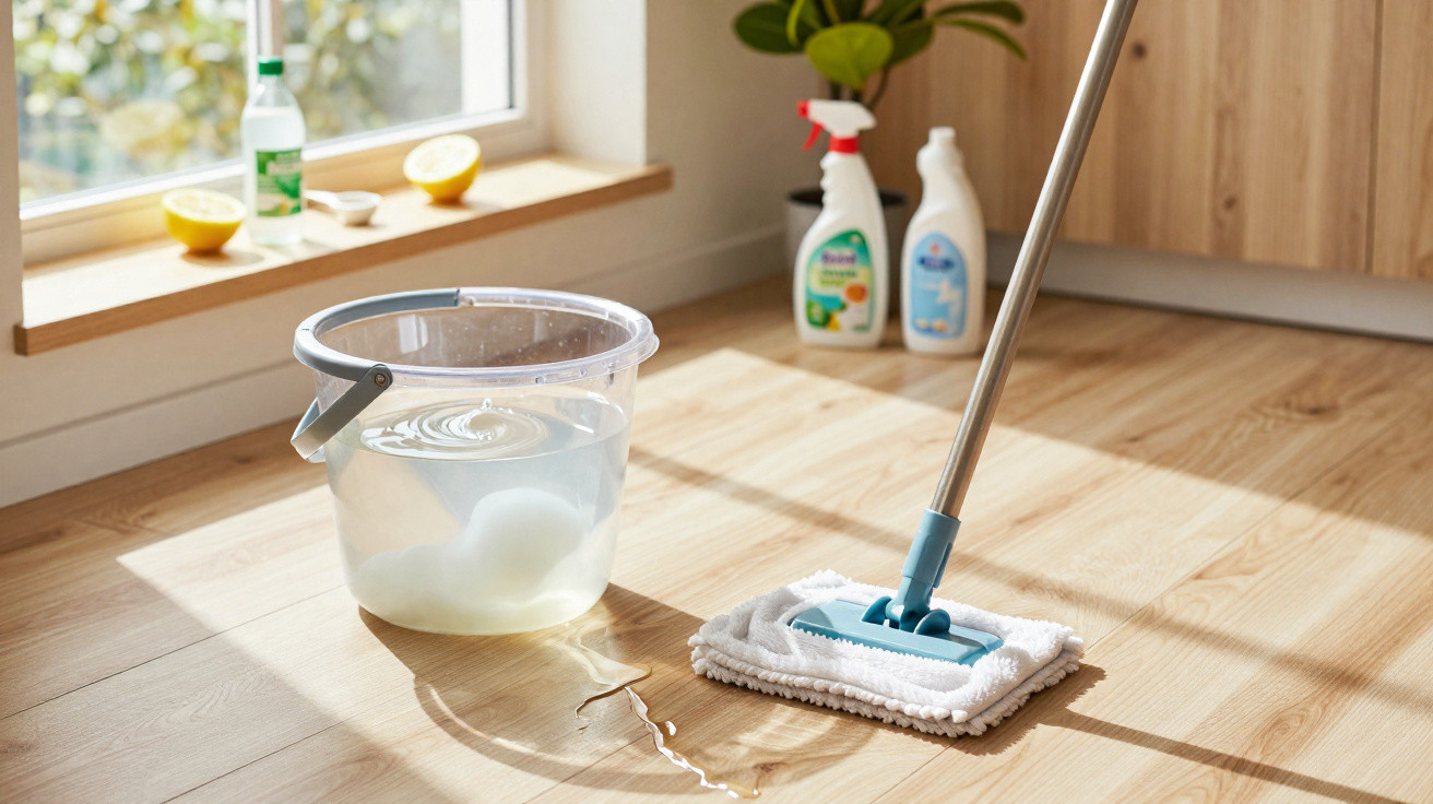 Bucket with soapy water and mop on a light wooden floor near window and cleaning sprays in a kitchen