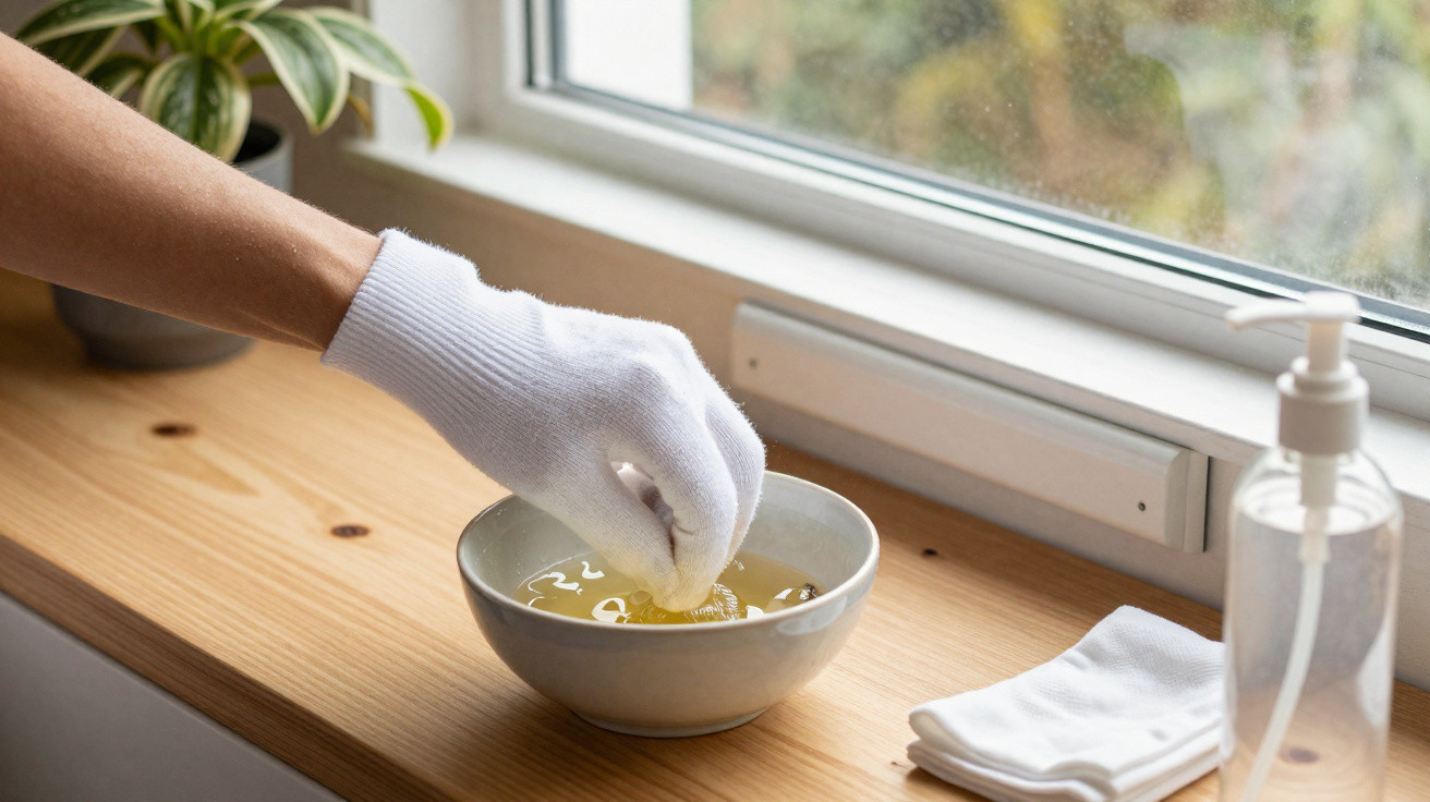 Hand in white glove dipping cleaning cloth into bowl of liquid on wooden windowsill with soap dispenser nearby.
