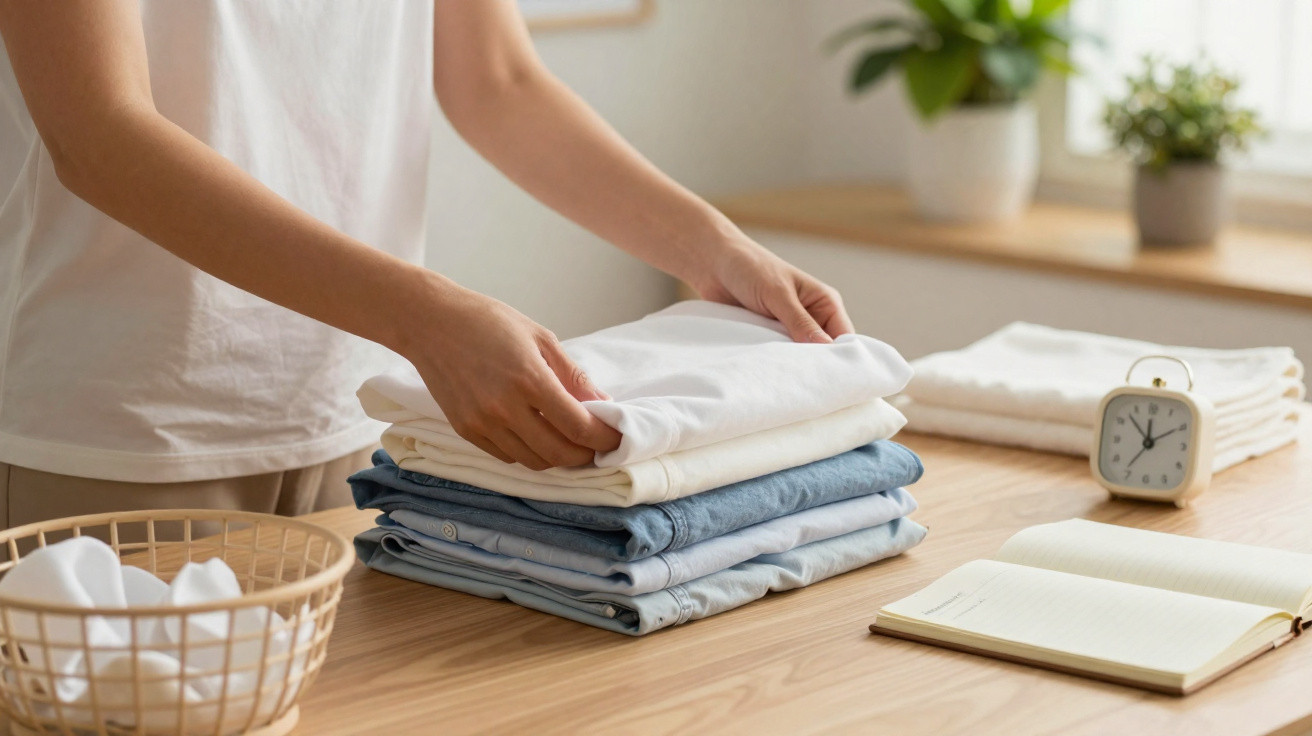 Person folding a white shirt on top of a neat stack of clothes on a wooden table with an alarm clock and notebook nearby.