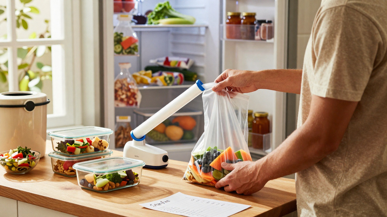 Person sealing a plastic bag of fresh vegetables on a kitchen counter with prepared meals and an open fridge in the backgroun