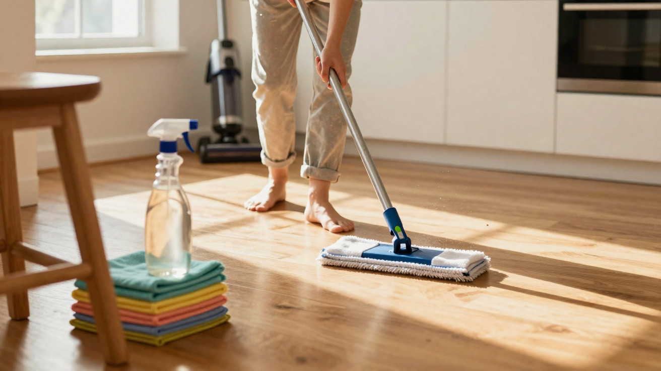 Person mopping a sunlit wooden floor in a bright kitchen with cleaning spray and cloths nearby