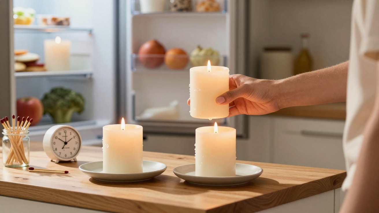 Person placing a lit white candle on a wooden kitchen island with two other lit candles nearby.