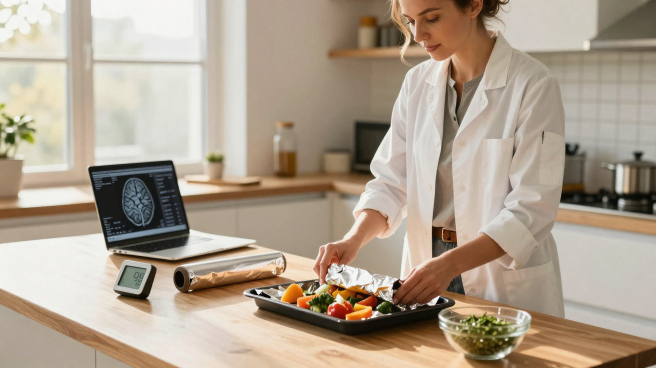 Scientist in lab coat wrapping fresh vegetables on tray in kitchen with brain scan on laptop nearby.