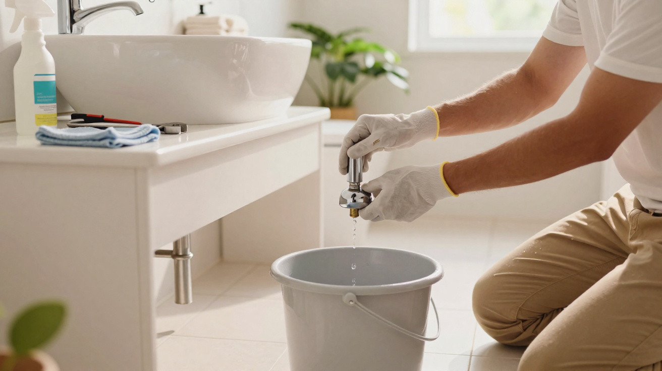 Person wearing gloves fixing a dripping bathroom faucet over a grey bucket on the floor.