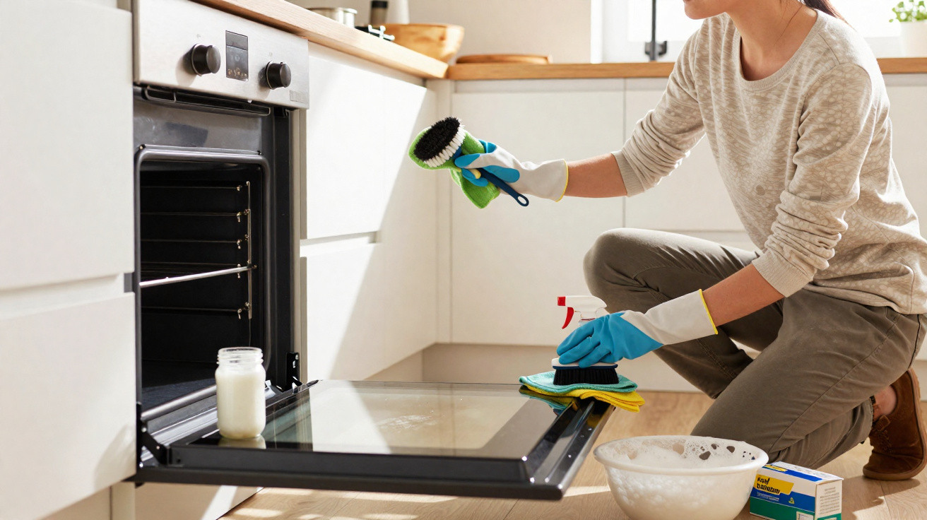 Person wearing gloves cleaning an open oven door with brushes and cleaning supplies in a kitchen.