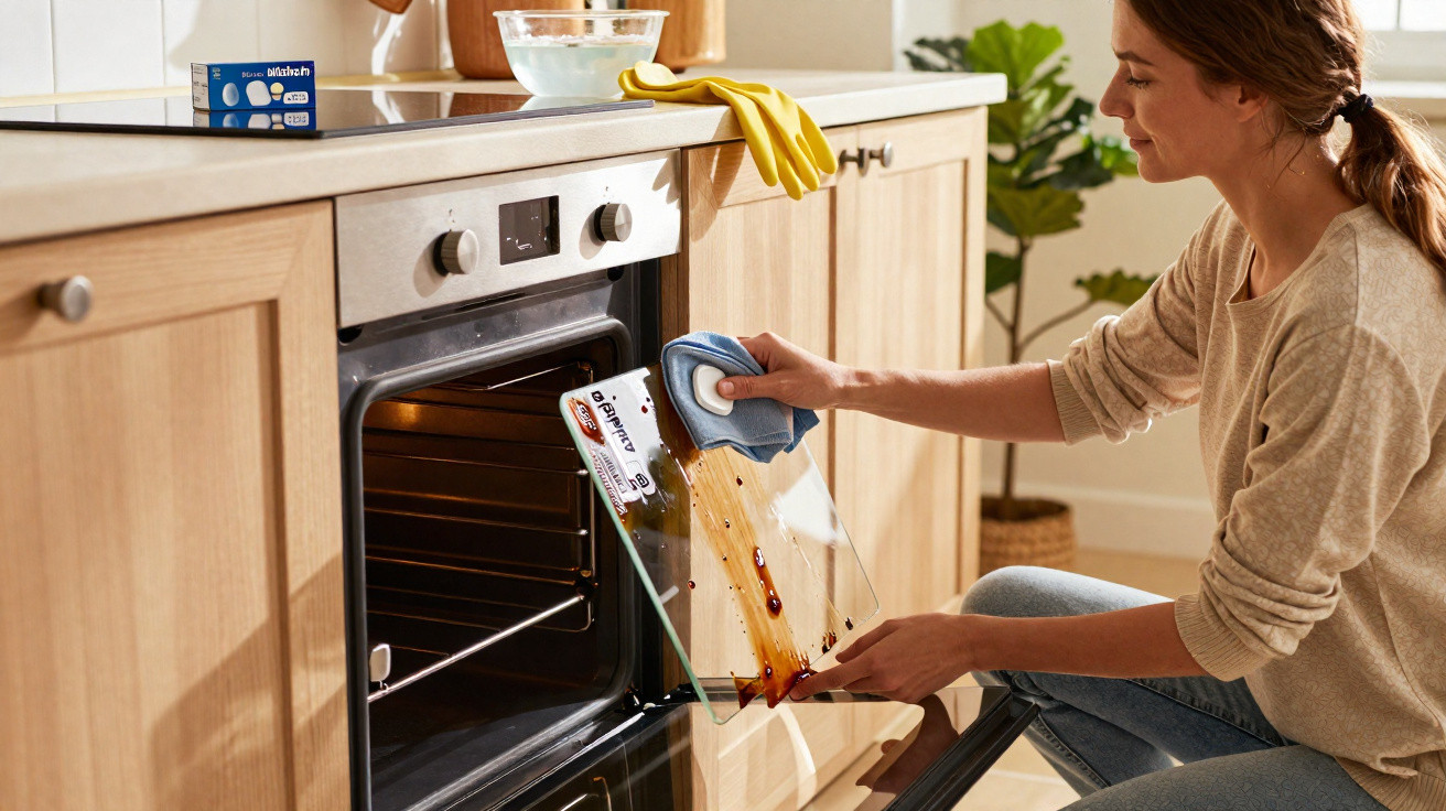 Woman cleaning spilled sauce from the glass door of a kitchen oven with a cloth.