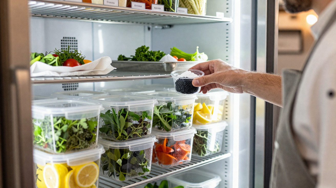 Hand placing a small container of black caviar into a fridge filled with fresh herbs and sliced lemons.