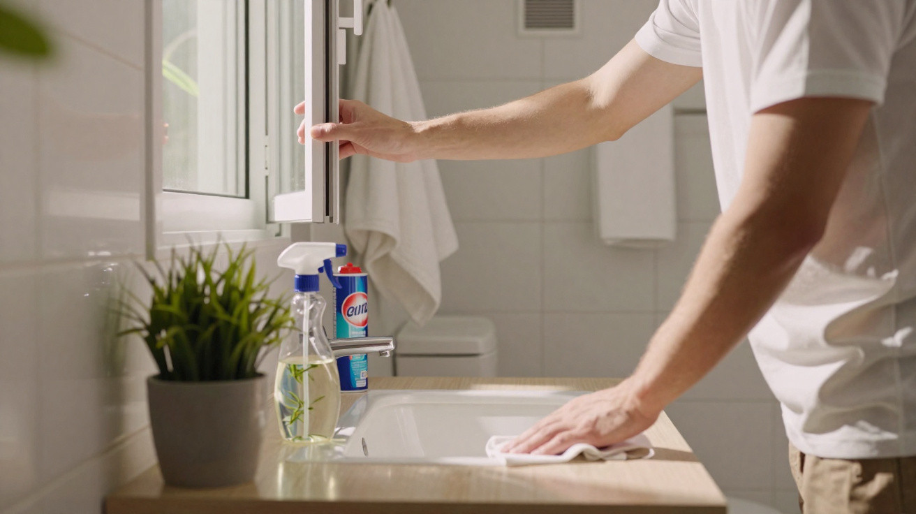 Person cleaning bathroom sink with cloth and opening window, cleaning spray and plant on counter visible.