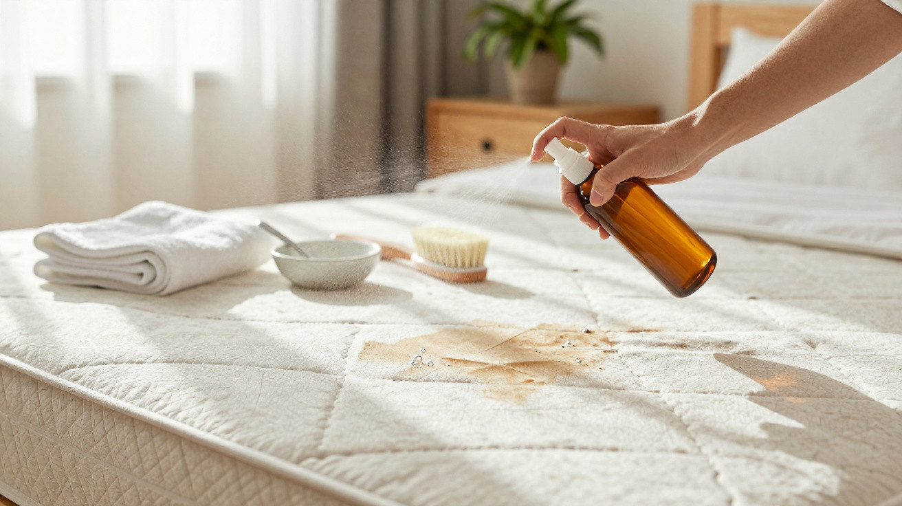 Hand spraying cleaning solution on a stained mattress with cleaning brush and towel in the background.