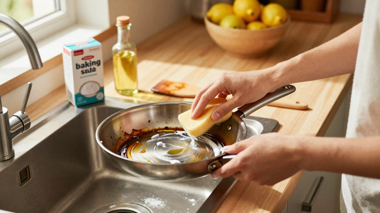 Person scrubbing a burnt frying pan with a sponge over a kitchen sink with baking soda and oil nearby.