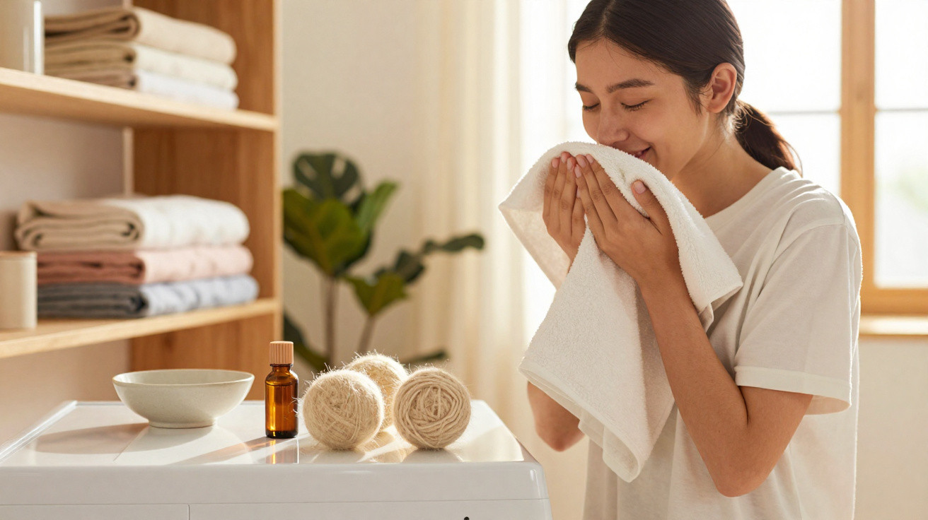 Woman smelling a white towel in a bright, organised laundry room with folded towels and yarn balls on a washing machine.