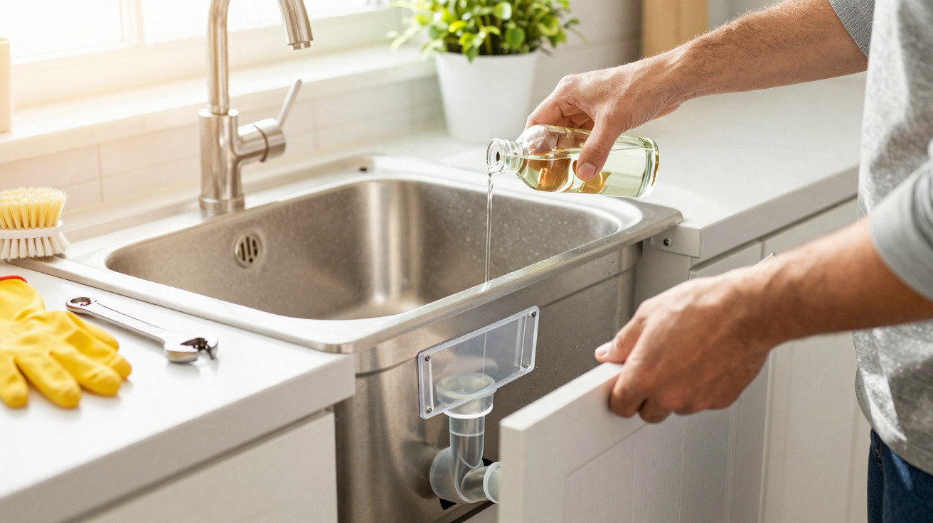 Person pouring liquid drain cleaner into a kitchen sink with tools and gloves nearby on the counter