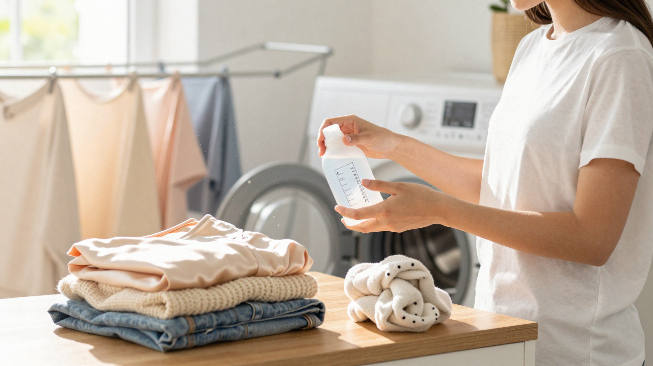 Person adding laundry detergent near folded clothes and washing machine in a bright, modern laundry room.