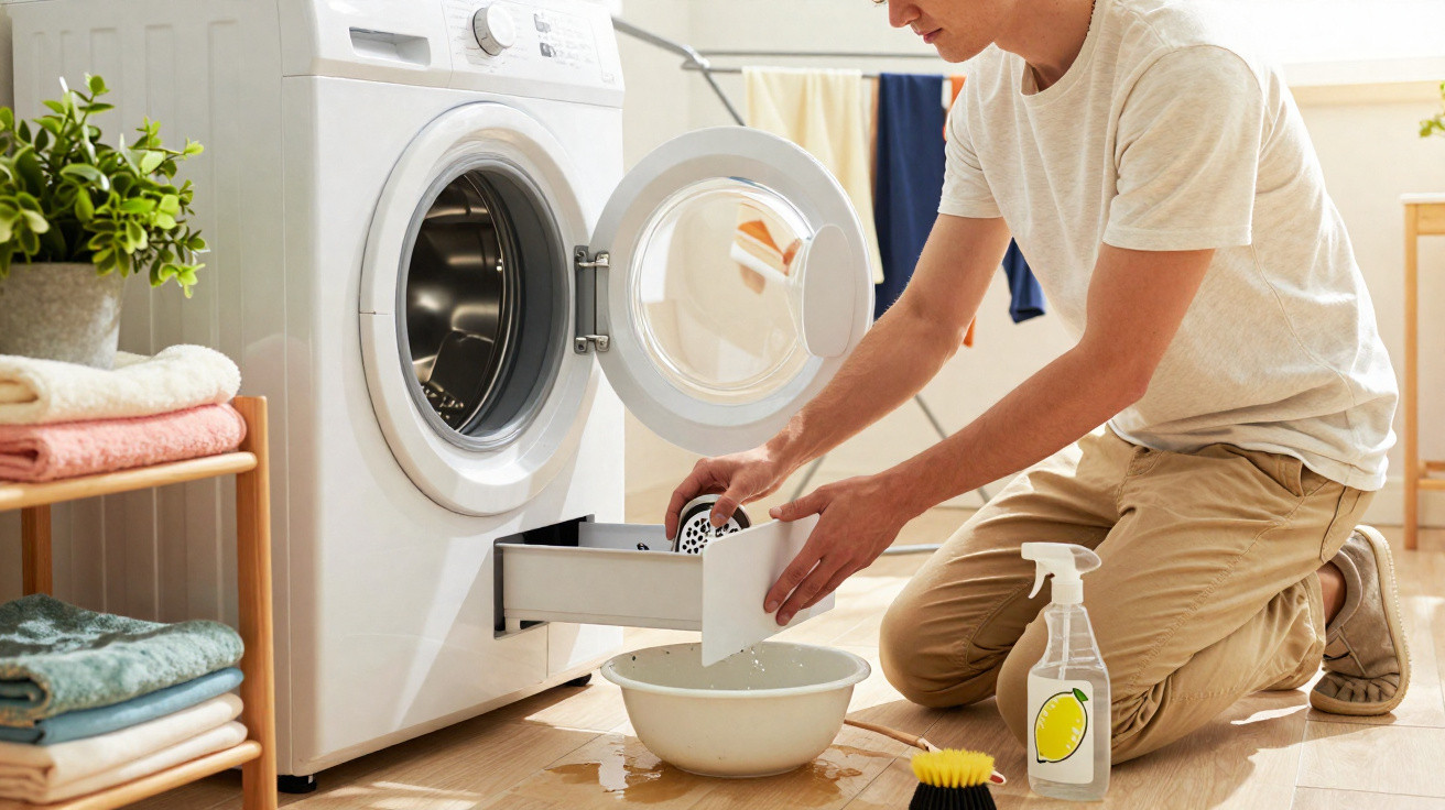 Person fixing a leaking washing machine with water spilling onto the floor, using a bowl to catch water.