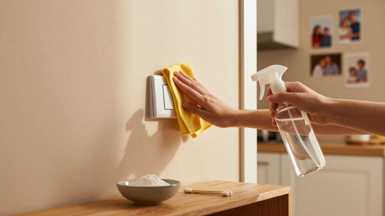 Person cleaning a light switch with a yellow cloth and spray bottle in a home setting.