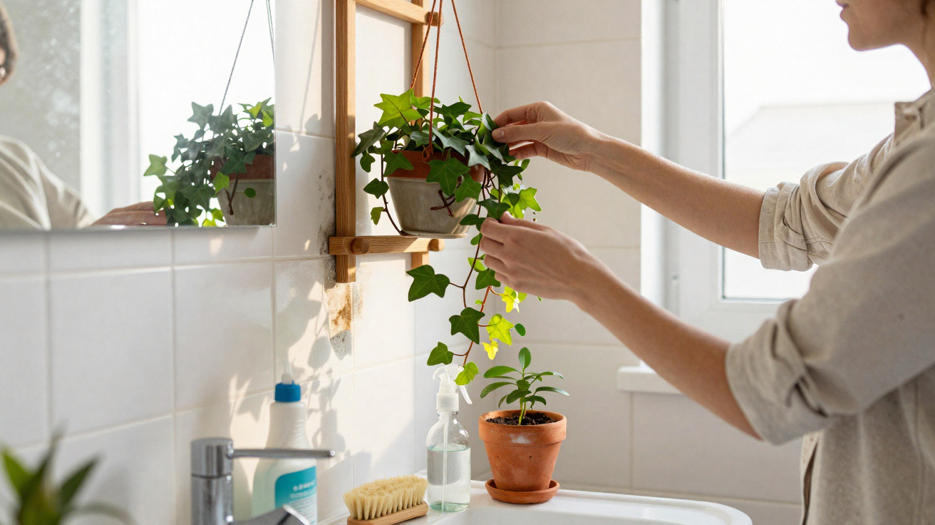 Person trimming trailing leaves on a hanging ivy plant above a bathroom sink with grooming supplies.