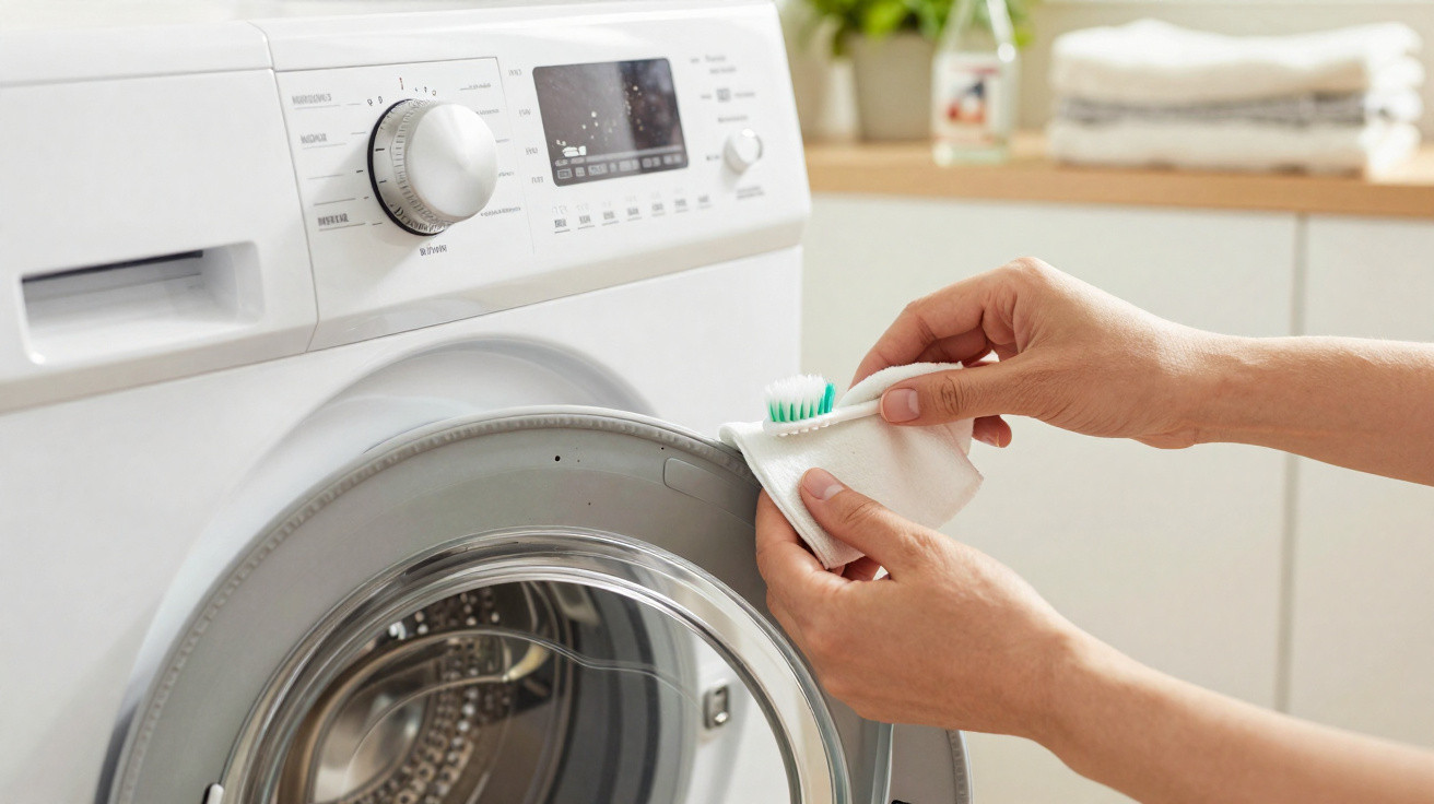 Person cleaning washing machine door seal with a small brush and cloth in a bright laundry room.