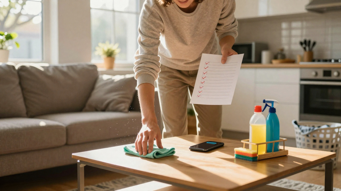 Person wiping a wooden coffee table while holding a checklist in a bright living room.