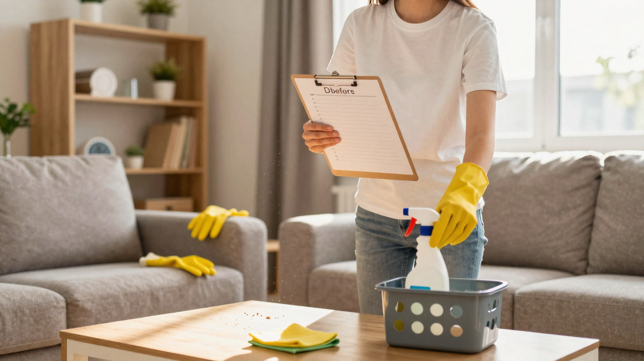 Person wearing yellow gloves holding a clipboard labelled "Before" and cleaning spray in a tidy living room.