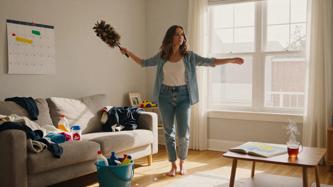 Woman dancing with a duster in a sunny living room with cleaning supplies and laundry on the sofa.