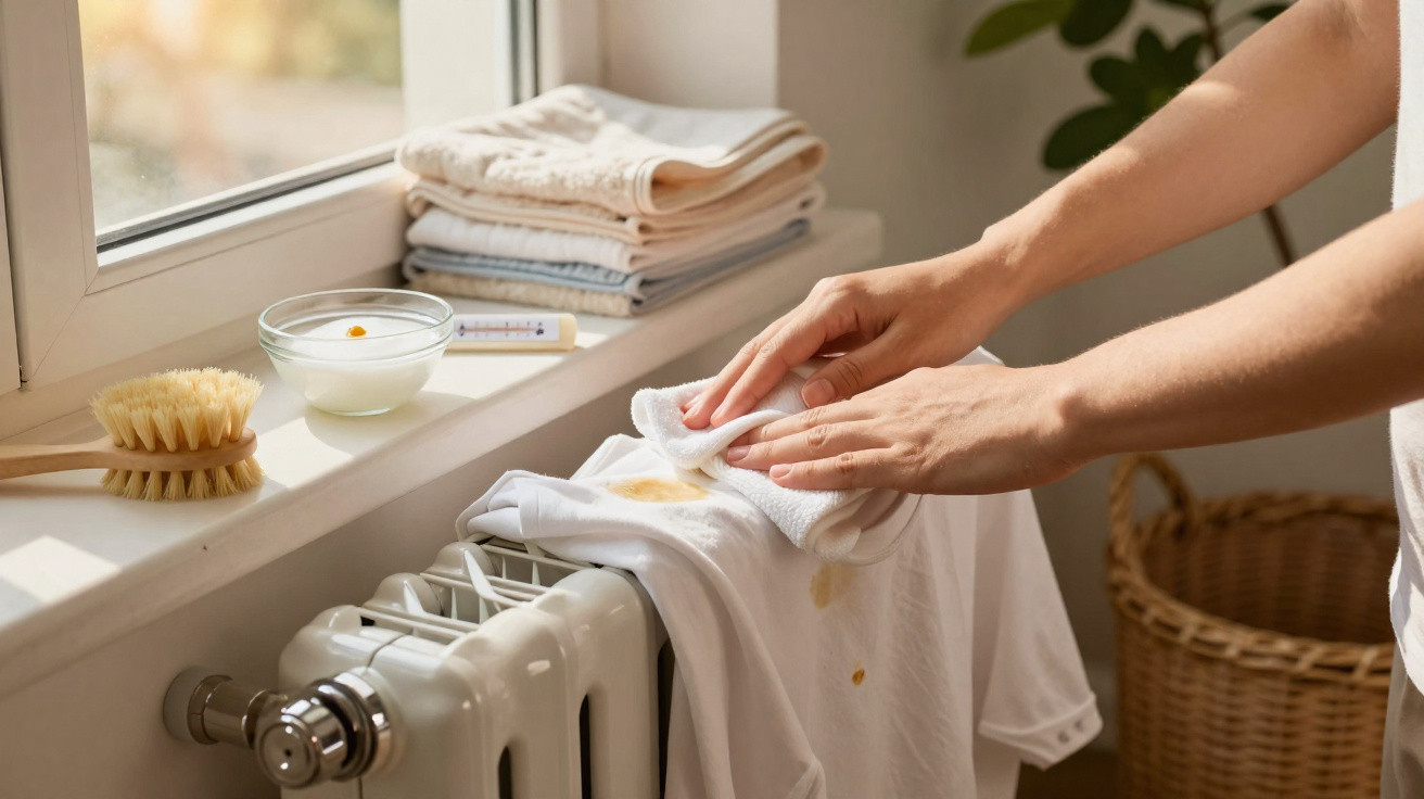 Person wiping a stained white shirt on a radiator near a window with cleaning supplies nearby.