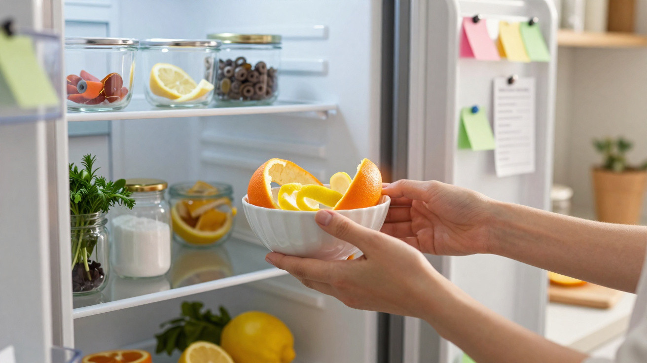 Hands placing a bowl of citrus fruit slices into a fridge with jars and fresh produce inside.