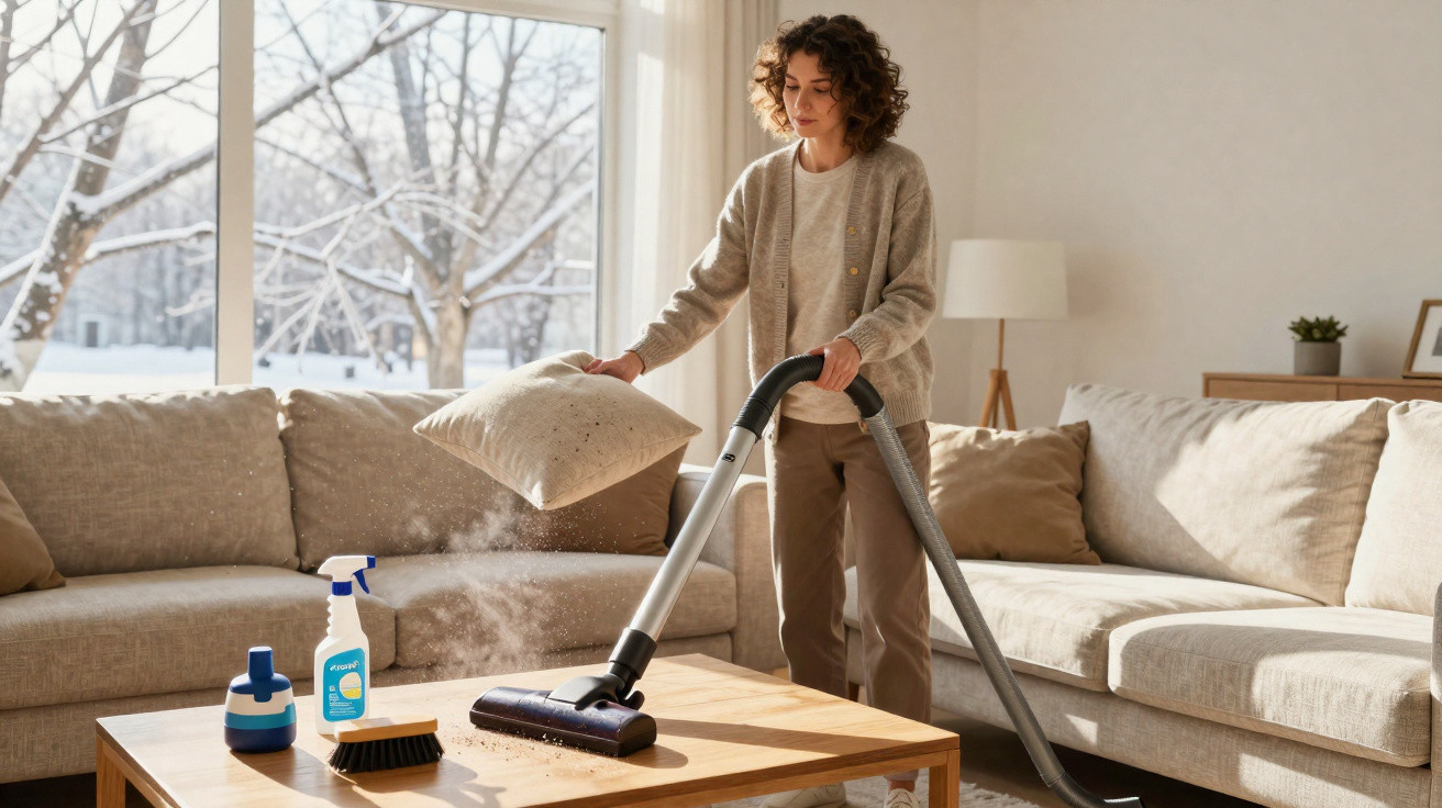 Woman vacuuming dust off a cushion over a wooden coffee table in a sunlit living room.